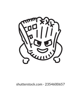 Funny cute happy baseball glove black line icon. Kawaii character illustration