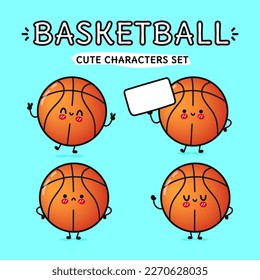 Funny lindo y feliz conjunto de personajes de baloncesto. Diseño de iconos de ilustración de caricaturas con estilo de doodle dibujado a mano por vectores. Fondo azul aislado. Colección de personajes de la mascota de baloncesto