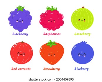 Funny cute happy berries characters bundle set. Vector hand drawn cartoon kawaii character illustration icon. Isolated on white background. Cute berries mascot character collection