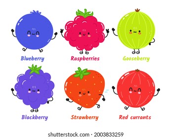 Funny cute happy berries,gooseberry kids,baby characters bundle set.Vector hand drawn cartoon kawaii character illustration .Isolated on white background.Cute berries mascot character,set collection