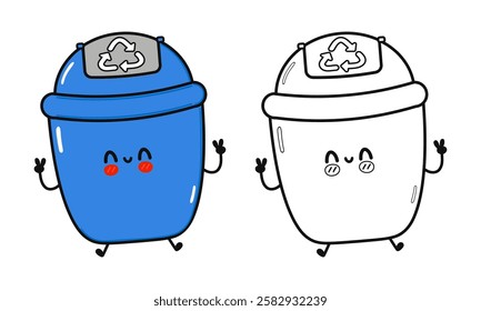 Funny cute happy Blue Recycling Bin characters bundle set. Vector hand drawn cartoon kawaii character illustration icon. Cute Trash Can. Outline cartoon illustration for coloring book