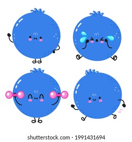 Funny cute happy blueberry characters bundle set. Vector kawaii line cartoon style illustration. Cute planet blueberry character collection