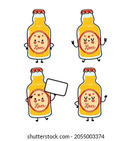Funny cute happy bottle of beer characters bundle set. Vector hand drawn doodle style cartoon character illustration icon design. Cute bottle of beer mascot character collection