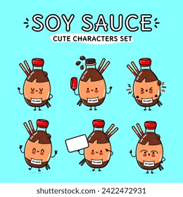 Divertido lindo y feliz botella de salsa de soja personajes conjunto de paquetes. Diseño de iconos de ilustración de caricaturas con estilo de doodle dibujado a mano por vectores. Aislado sobre fondo azul. Botella de salsa de soja