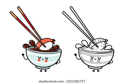 Funny lindo y feliz Bowl de salsa de soja personajes conjunto. Caricatura dibujada a mano del vector icono de ilustración del personaje kawaii. Cute Bowl de salsa de soja. Libro de coloreado de ilustraciones de dibujos animados de esquema