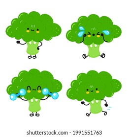 Funny cute happy broccoli characters bundle set. Vector kawaii line cartoon style illustration. Cute broccoli mascot character collection
