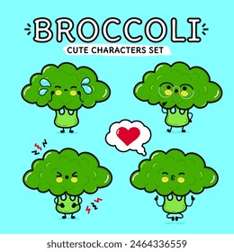 Funny cute happy Broccoli characters bundle set. Vector hand drawn doodle style character illustration icon design. Isolated blue background. Cute Broccoli mascot character collection