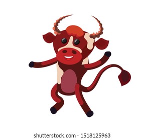 funny cute happy bull fun dancing. new year symbol of 2021. isolated image. Vector graphics. 