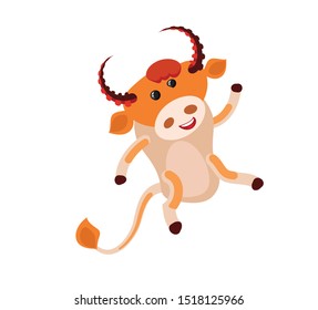 funny cute happy bull fun dancing. new year symbol of 2021. isolated image. Vector graphics. 