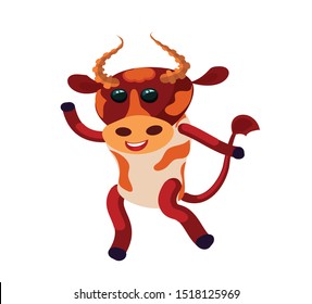 funny cute happy bull fun dancing. new year symbol of 2021. isolated image. Vector graphics. 