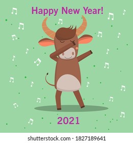 funny cute happy bull fun dancing. new year symbol of 2021. isolated image. Vector graphics.