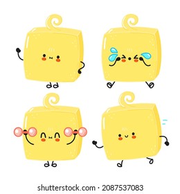 Funny cute happy butter characters bundle set  Vector kawaii line cartoon style illustration  Cute butter mascot character collection