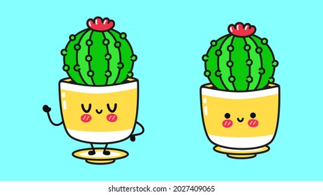 Funny cute happy cactus characters bundle set.Vector hand drawn cartoon kawaii character illustration icon.Cute cactus,flower,pot,home plant mascot character,kids,child,baby kawaii lone collection.