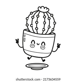 Funny cute happy cactus characters bundle set. Vector hand drawn cartoon kawaii character illustration icon. Cute cactus mascot character collection. Outline cartoon illustration for coloring book