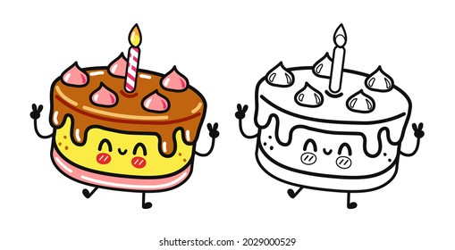 Funny cute happy Cake characters bundle set. Vector hand drawn cartoon kawaii character illustration icon. Isolated on white background. Cute Cake. Outline cartoon illustration for coloring book