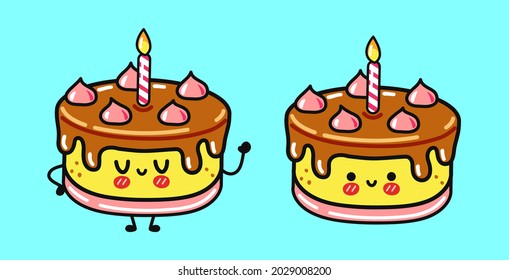 Funny cute happy Cake characters bundle set. Vector hand drawn cartoon kawaii character illustration icon. Isolated on white background. Cute Cake mascot character collection