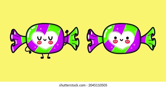 Funny cute happy Candy characters bundle set. Vector kawaii line cartoon style illustration. Cute Candy mascot character collection