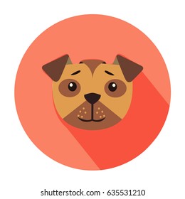 Funny cute happy cartoon puppy head in flat color circle vector isolated on white background. Lovely purebred pet illustration for animal friend concept, shop or veterinary clinic ad