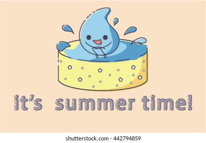 Funny cute happy cartoon rain drop jumps into the swimming pool.