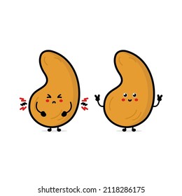 Funny cute happy cashew characters bundle set. Vector line cartoon style illustration. Cute cashew mascot character collection, outline cartoon illustration for coloring book