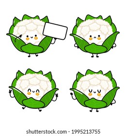 Funny cute happy cauliflower characters bundle set. Vector kawaii line cartoon style illustration. Cute cauliflower mascot character collection