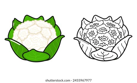 Funny cute happy Cauliflower characters bundle set. Vector hand drawn cartoon kawaii character illustration icon. Cute Cabbage. Outline cartoon illustration coloring book