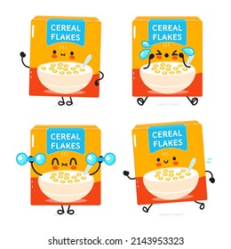 Funny cute happy cereal flakes characters bundle set. Vector hand drawn doodle style cartoon character illustration icon design. Cute  cereal flakes mascot character collection emoji,child,baby