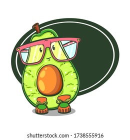 Funny and cute happy character avocado with big eyeglasses, isolated on white background