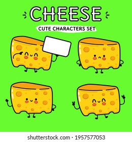 Funny cute happy Cheese characters bundle set. Vector kawaii line cartoon style illustration. Cute Cheese mascot character collection