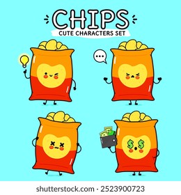 Funny cute happy Chips characters bundle set. Vector hand drawn doodle style cartoon character illustration. Isolated on blue background. Chips mascot character collection