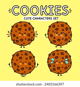 Funny cute happy Chocolate cookies characters bundle set. Vector hand drawn doodle style cartoon character. Isolated on yellow background. Chocolate cookies character collection