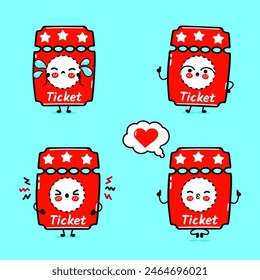 Funny cute happy Cinema ticket characters bundle set. Vector hand drawn doodle style character illustration icon design. Isolated blue background. Cute Ticket mascot character collection