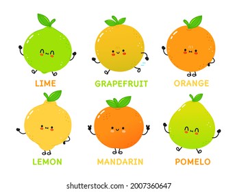 Funny cute happy citrus characters bundle set. Vector hand drawn cartoon kawaii character illustration icon. Isolated on white background. Cute citrus mascot character collection