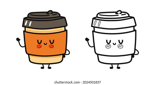 Funny cute happy coffee paper cup characters bundle set. Vector hand drawn cartoon kawaii character. Isolated on white background. Cute coffee paper cup collection. Outline cartoon illustration for co