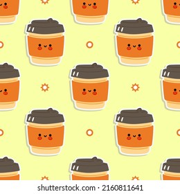 Funny Cute Happy Coffee Paper Cup Pattern Characters. Vector Kawaii Line Cartoon Style Illustration. Cute Coffee Paper Cup Pattern