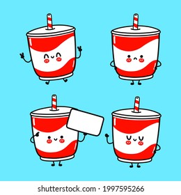 Funny cute happy cold drink characters bundle set. Vector kawaii line cartoon style illustration. Cute cold drink mascot character collection