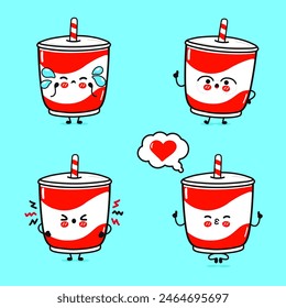 Funny cute happy Cold drink characters bundle set. Vector hand drawn doodle style character illustration icon design. Isolated blue background. Cute Cold drink mascot character collection