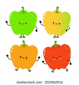 Funny cute happy colored pepper characters bundle set. Vector kawaii line cartoon style illustration. Cute colored pepper mascot character collection