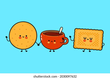 Funny cute happy cookies and cup of coffee characters bundle set. Vector kawaii line cartoon style illustration. Cookies and cup of coffee friends concept