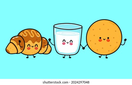 Funny cute happy cookies, glass of milk and chocolate croissant characters bundle set. Vector kawaii line cartoon style illustration. Cookies, glass of milk and croissant friends concept