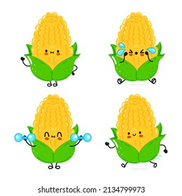 Funny lindo y feliz conjunto de personajes de maíz. Diseño de iconos de ilustración de caricaturas con estilo de doodle dibujado a mano por vectores. Colección de caracteres de la mascota de maíz mate