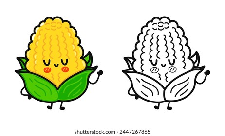 Funny cute happy Corn characters bundle set. Vector hand drawn cartoon kawaii character illustration icon. Cute Corn. Outline cartoon illustration coloring book