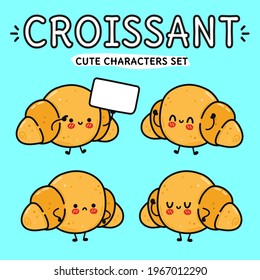Funny cute happy Croissant characters bundle set. Vector kawaii line cartoon style illustration. Cute Croissant mascot character collection