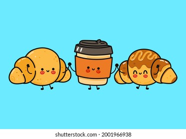 Funny cute happy croissant, cofee and chocolate croissant characters bundle set. Vector hand drawn doodle style cartoon character illustration icon design.  Croissants and cofee friends concept