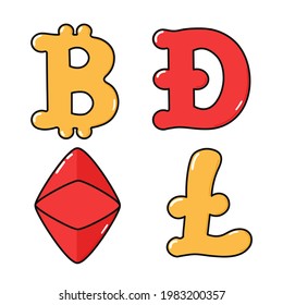 Funny cute happy cryptocurrency characters bundle set. Vector kawaii line cartoon style illustration. Cute cryptocurrency mascot character collection