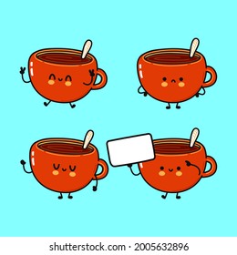 Funny cute happy a cup of coffee characters bundle set. Vector hand drawn doodle style cartoon character illustration icon design. Cute cup of coffee mascot character collection