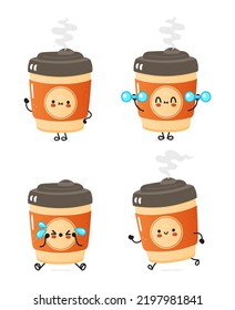 Funny cute happy cup of coffee characters bundle set. Vector hand drawn doodle style cartoon character illustration icon design. Cute happy cup of coffee mascot character collection