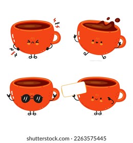 Funny cute happy cup of coffee characters bundle set. Vector kawaii line cartoon style illustration. Cute cup of coffee mascot character collection