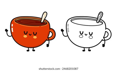 Funny cute happy Cup of coffee characters bundle set. Vector hand drawn cartoon kawaii character illustration icon. Cute Cup of coffee. Outline cartoon illustration coloring book