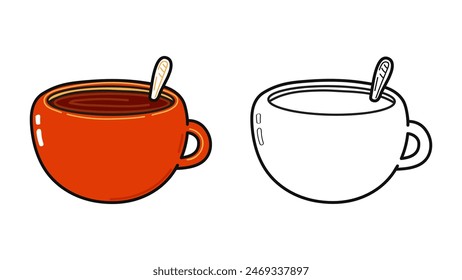 Divertido lindo feliz taza de personajes de café conjunto de Paquete. Vector dibujado a mano de dibujos animados kawaii personaje ilustración icono. Una taza de café. Ilustración de dibujos animados de contorno para colorear libro